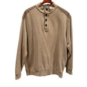 Cremeieux Collection Men’s XL Henley Sweater – Tan Cotton, Suede Shoulder&Elbows